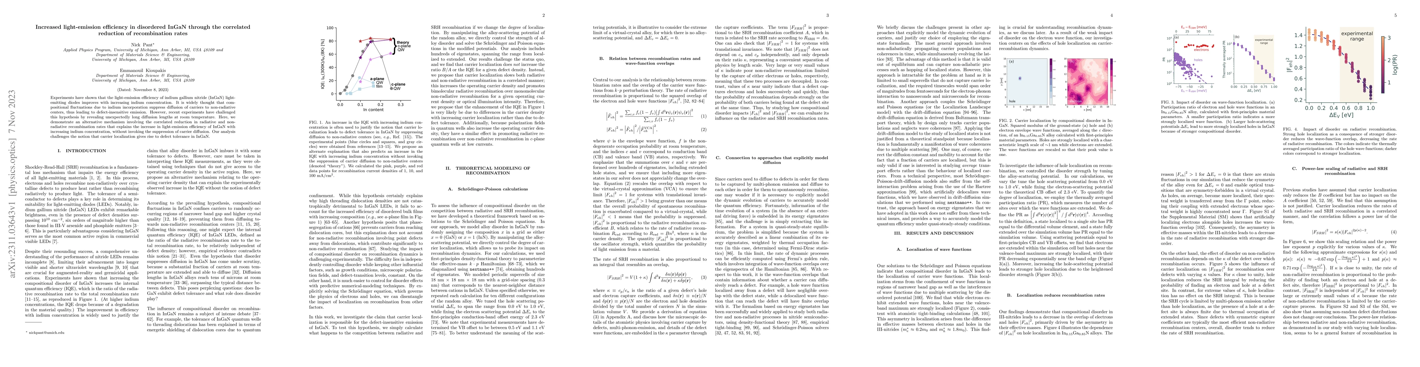 Thumbnail for Increased light-emission efficiency in disordered InGaN through the
  correlated reduction of recombination rates