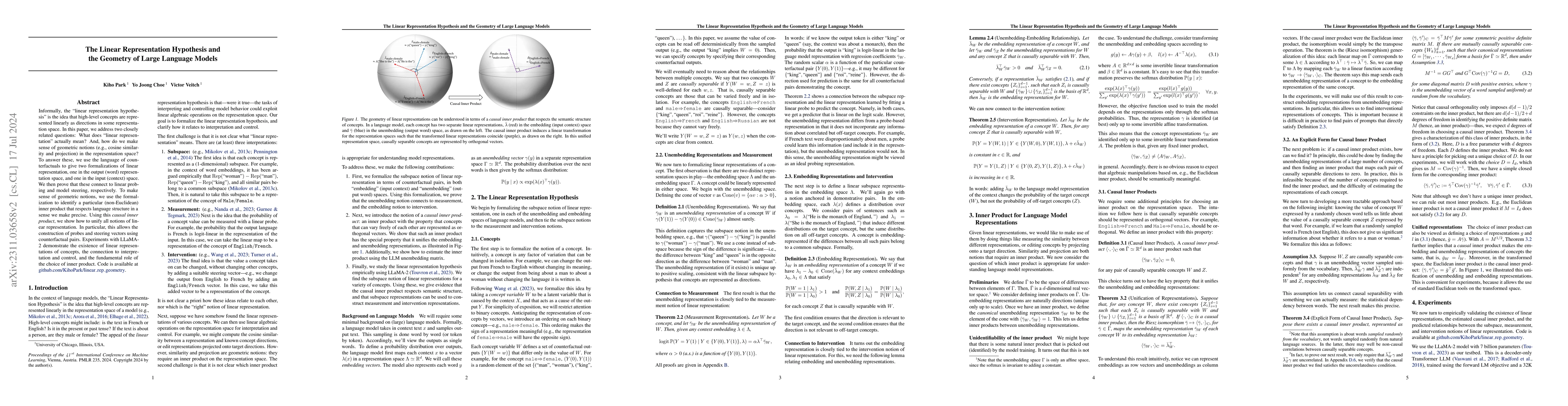 Thumbnail for The Linear Representation Hypothesis and the Geometry of Large Language
  Models