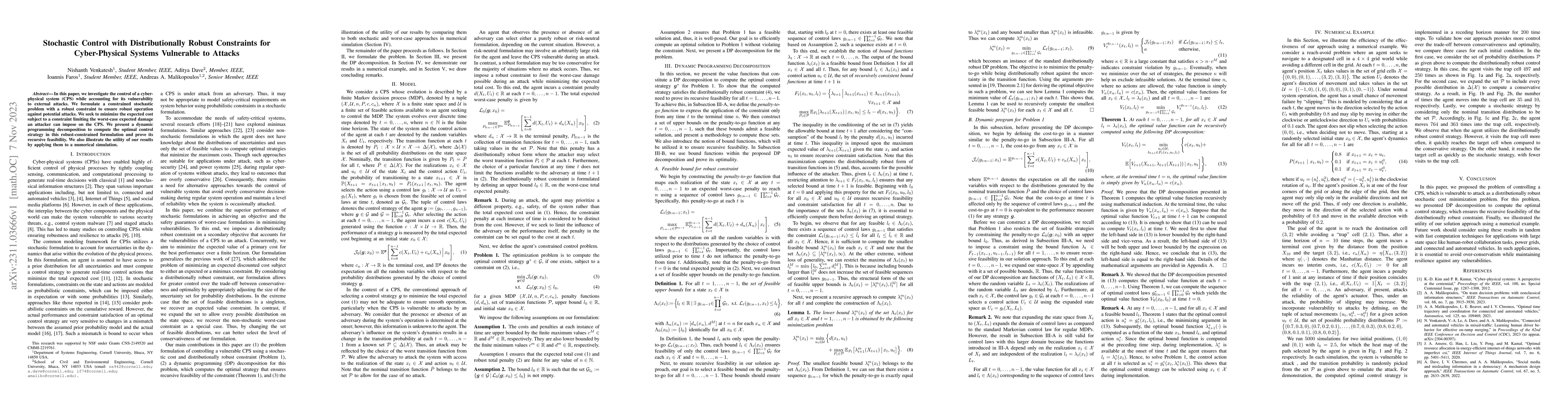 Thumbnail for Stochastic Control with Distributionally Robust Constraints for
  Cyber-Physical Systems Vulnerable to Attacks