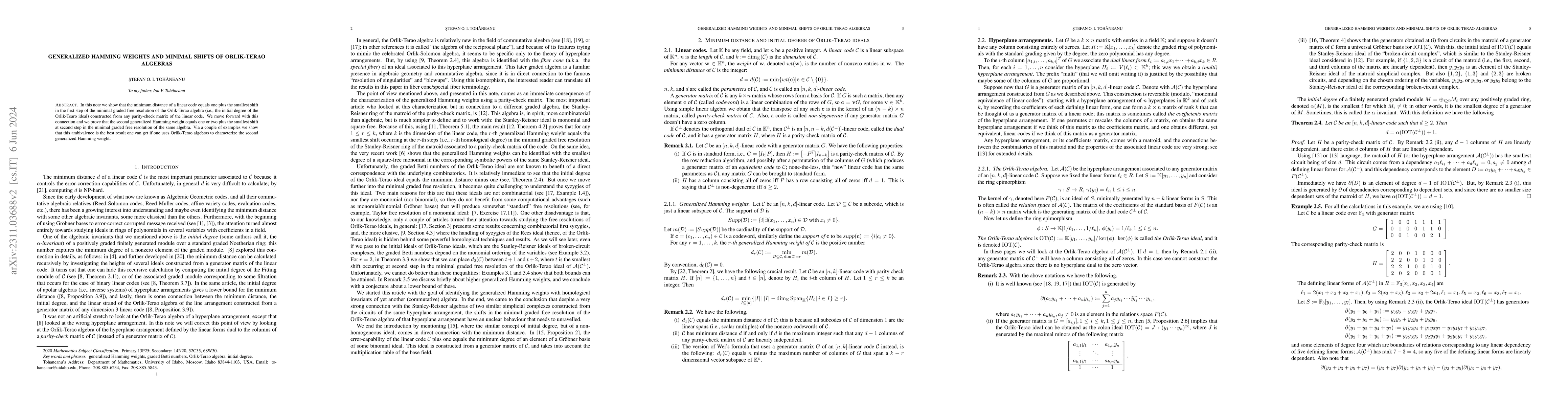 Thumbnail for Generalized Hamming weights and minimal shifts of Orlik-Terao algebras