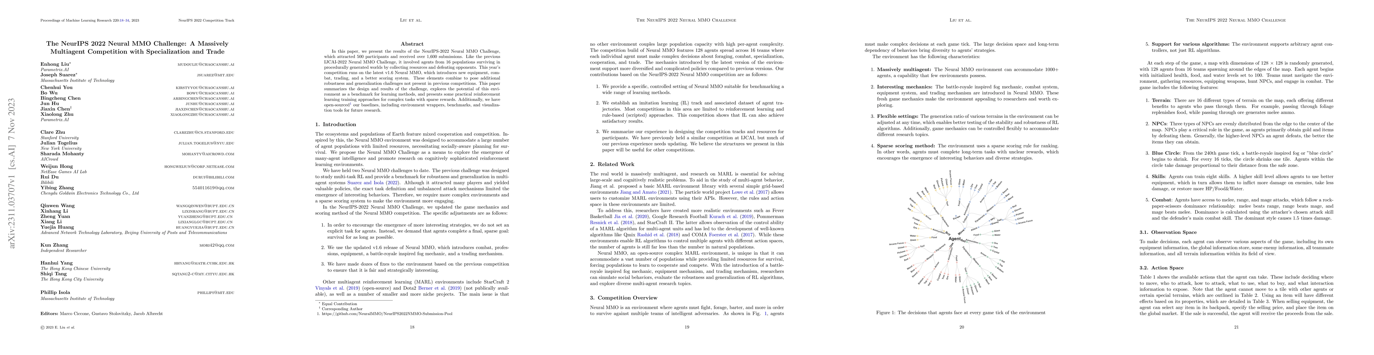 Thumbnail for The NeurIPS 2022 Neural MMO Challenge: A Massively Multiagent
  Competition with Specialization and Trade