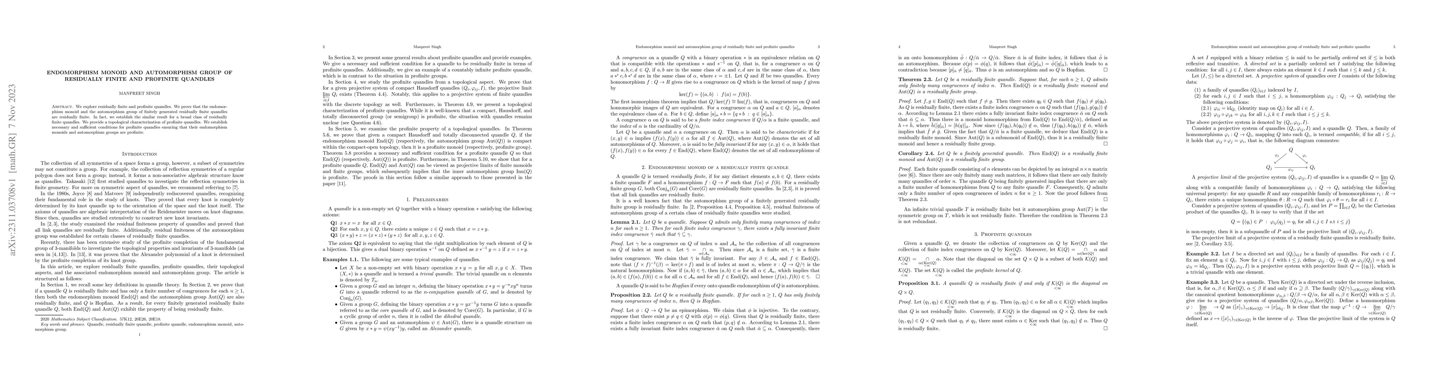 Thumbnail for Endomorphism monoid and automorphism group of residually finite and
  profinite quandles