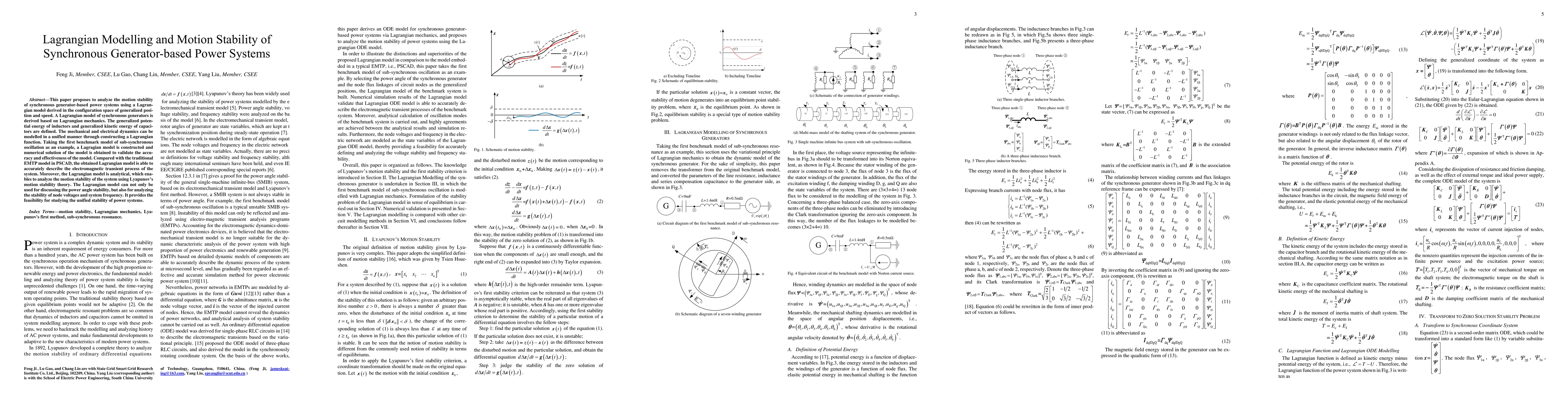 Thumbnail for Lagrangian Modelling and Motion Stability of Synchronous Generator Power
  Systems