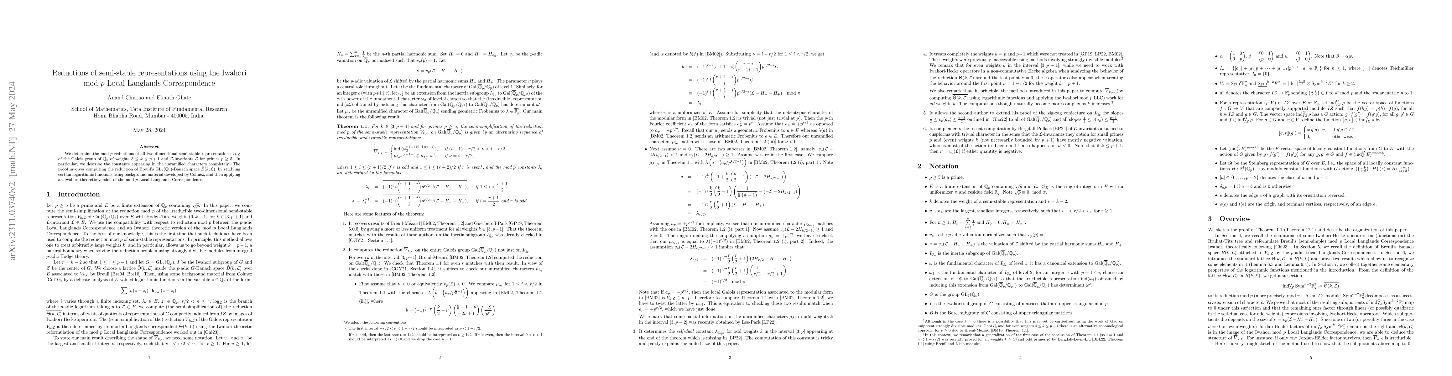 Thumbnail for Reductions of semi-stable representations using the Iwahori mod $p$
  Local Langlands Correspondence