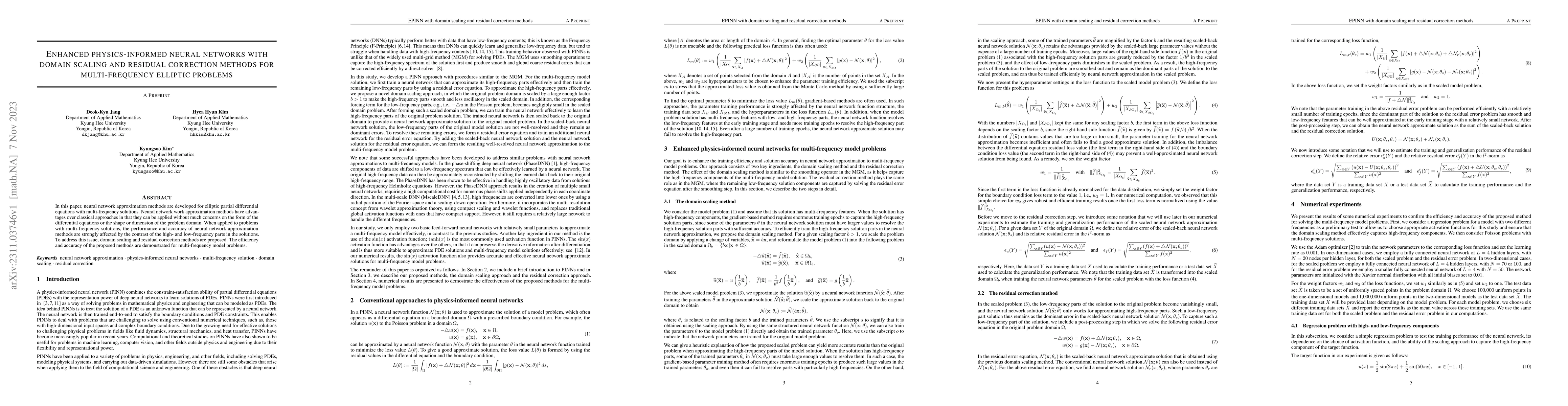 Thumbnail for Enhanced physics-informed neural networks with domain scaling and
  residual correction methods for multi-frequency elliptic problems