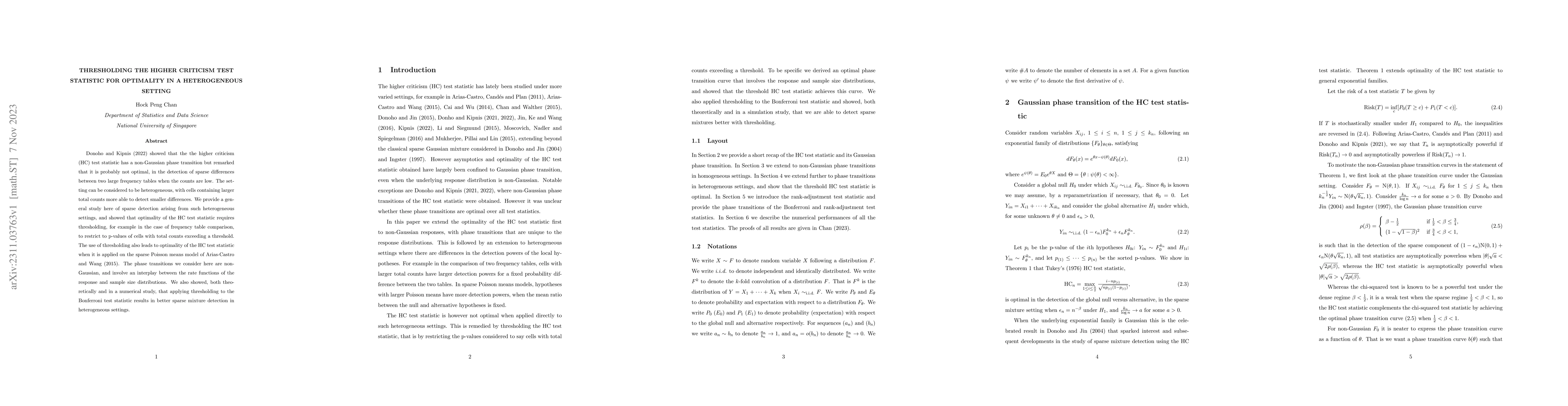 Thumbnail for Thresholding the higher criticism test statistics for optimality in a
  heterogeneous setting