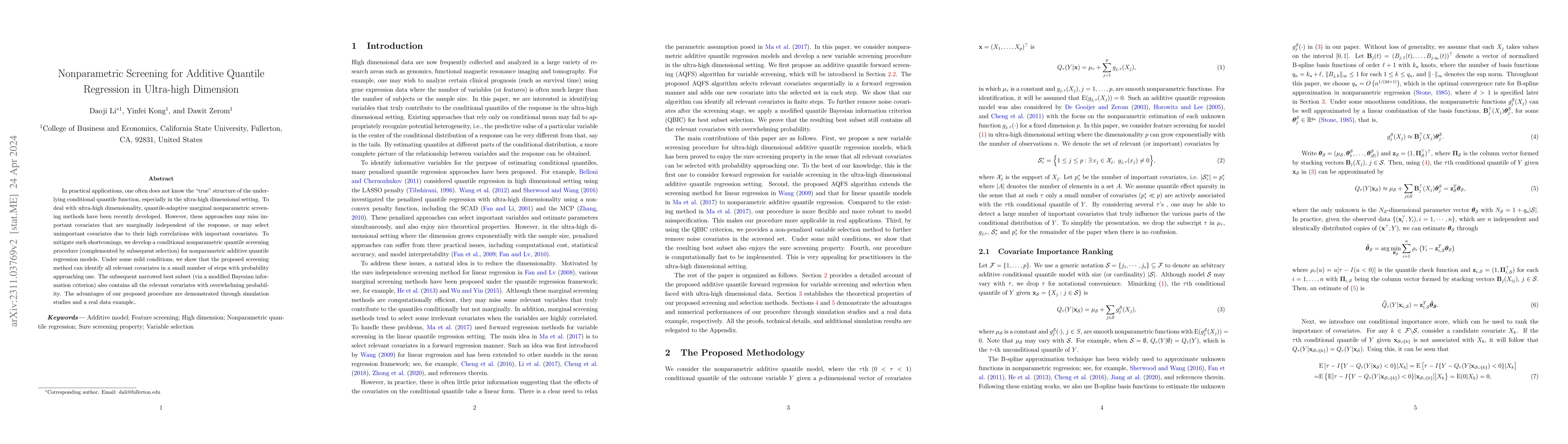 Thumbnail for Nonparametric Screening for Additive Quantile Regression in Ultra-high
  Dimension