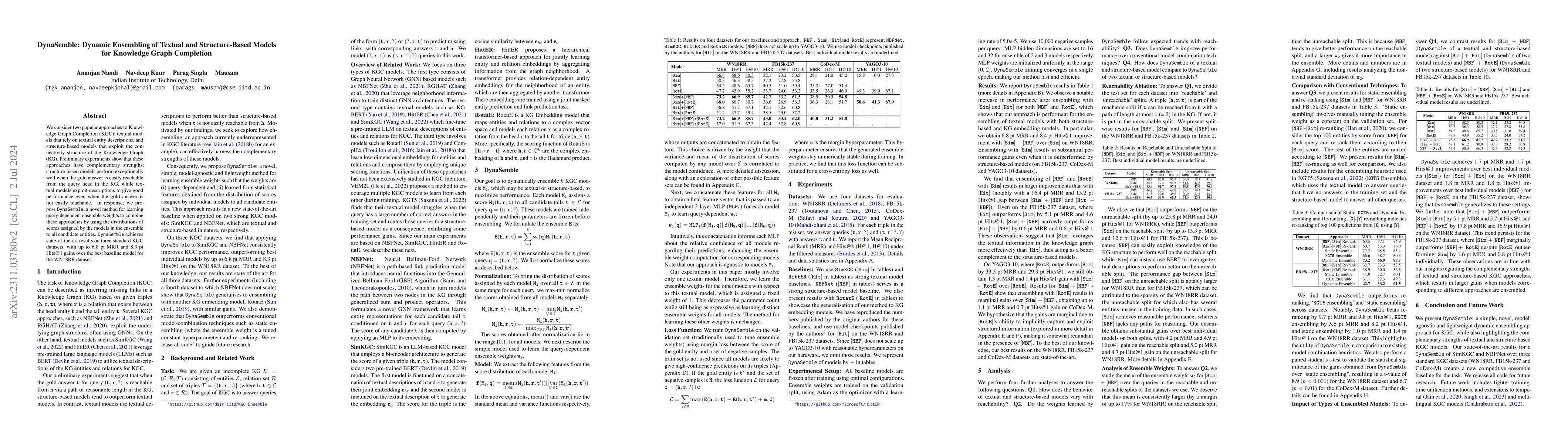 Thumbnail for DynaSemble: Dynamic Ensembling of Textual and Structure-Based Models for
  Knowledge Graph Completion