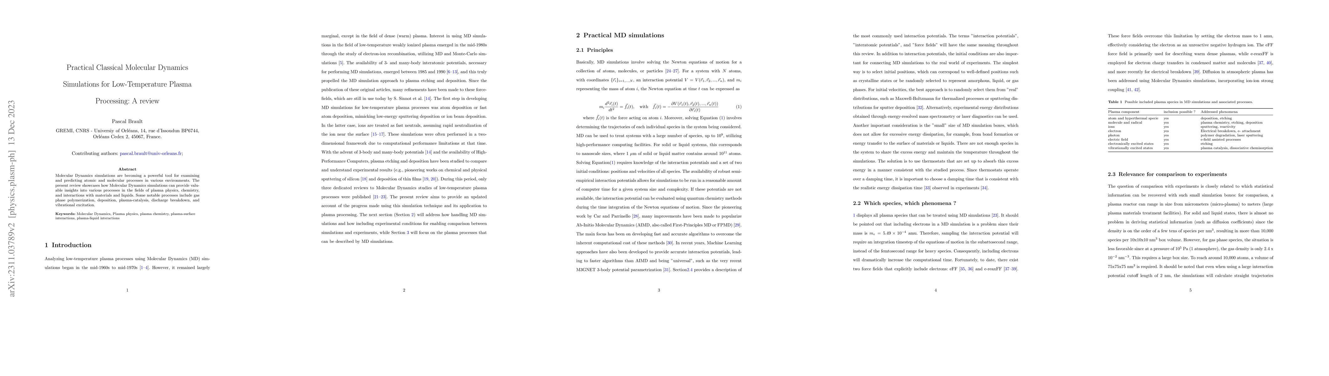 Thumbnail for Practical Classical Molecular Dynamics Simulations for Low-Temperature
  Plasma Processing: A review