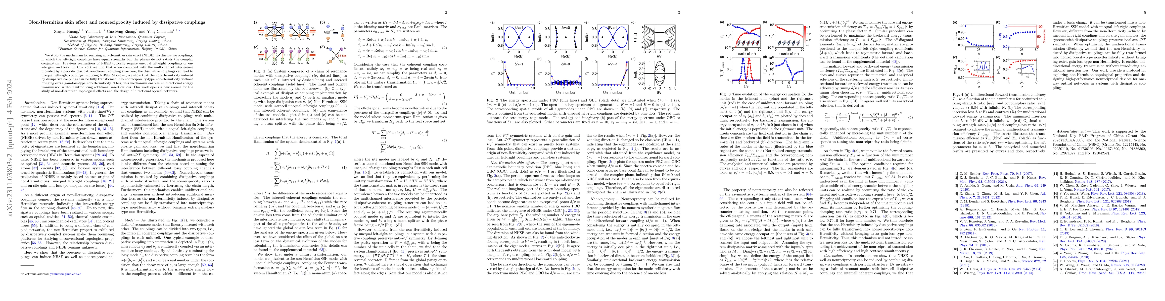 Thumbnail for Non-Hermitian skin effect and nonreciprocity induced by dissipative
  couplings