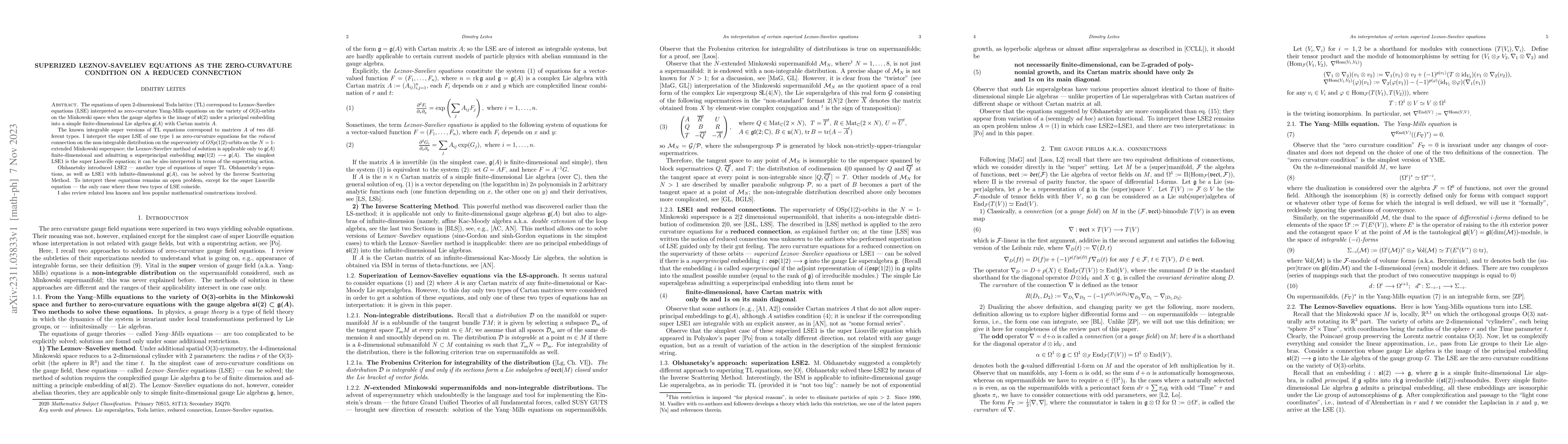 Thumbnail for Superized Leznov-Saveliev equations as the zero-curvature condition on a
  reduced connection