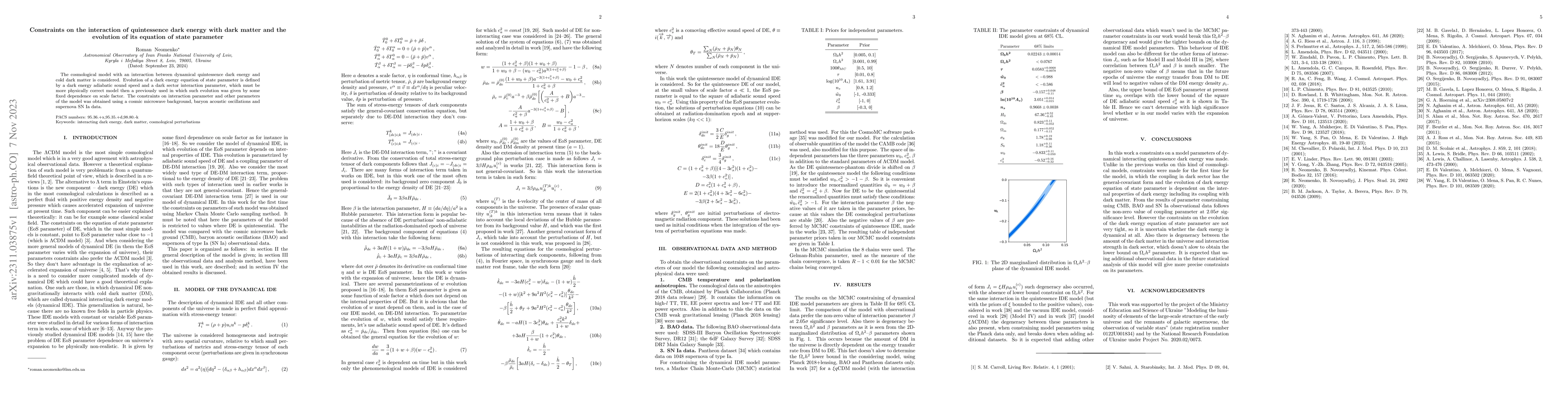 Thumbnail for Constraints on the interaction of quintessence dark energy with dark
  matter and the evolution of its equation of state parameter