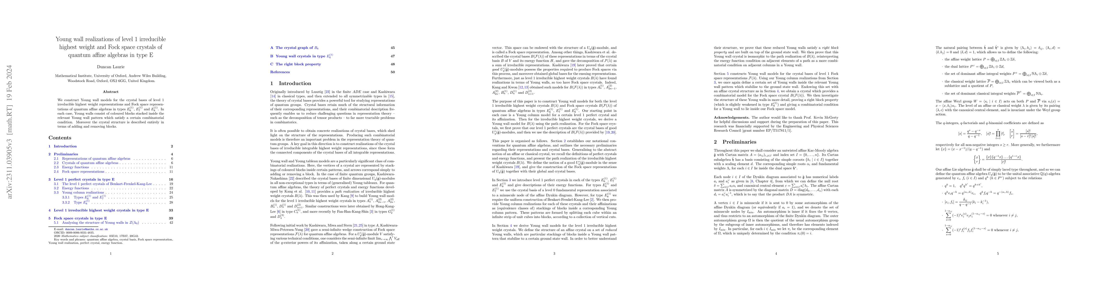 Thumbnail for Young wall realizations of level 1 irreducible highest weight and Fock
  space crystals of quantum affine algebras in type E