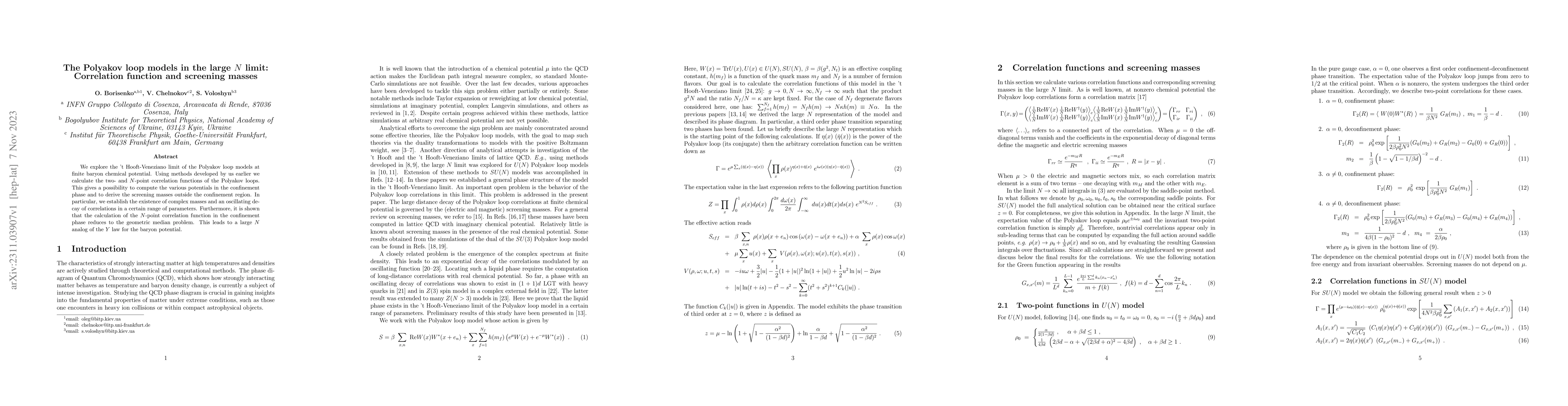 Thumbnail for The Polyakov loop models in the large N limit: Correlation function and
  screening masses