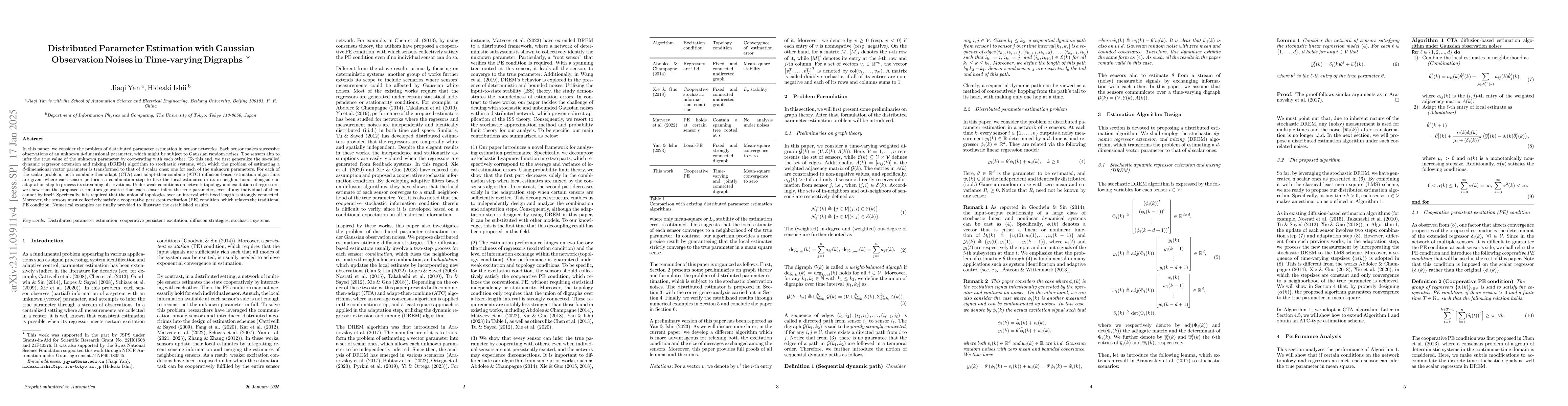 Thumbnail for Distributed Parameter Estimation with Gaussian Observation Noises in
  Time-varying Digraphs