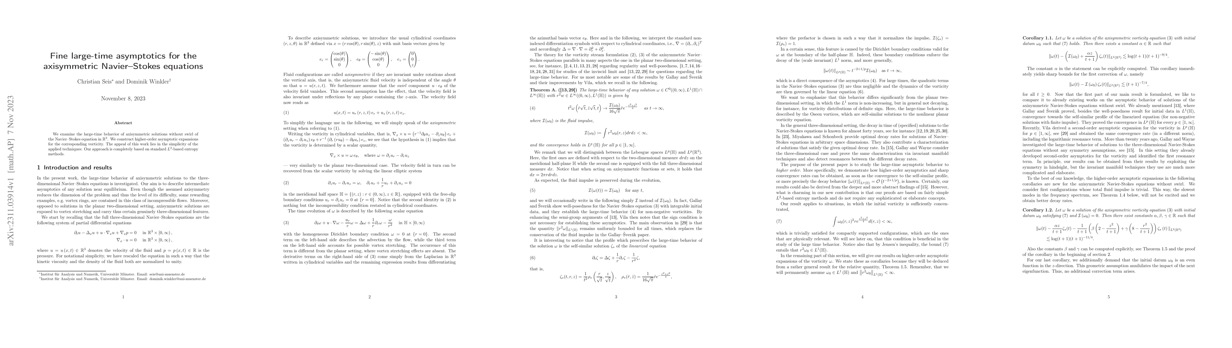 Thumbnail for Fine large-time asymptotics for the axisymmetric Navier--Stokes
  equations