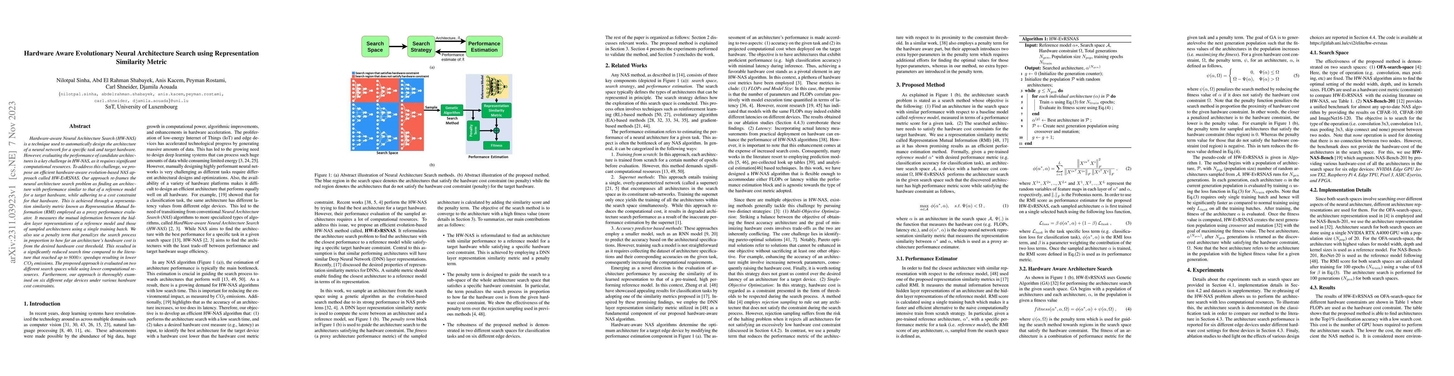 Thumbnail for Hardware Aware Evolutionary Neural Architecture Search using
  Representation Similarity Metric