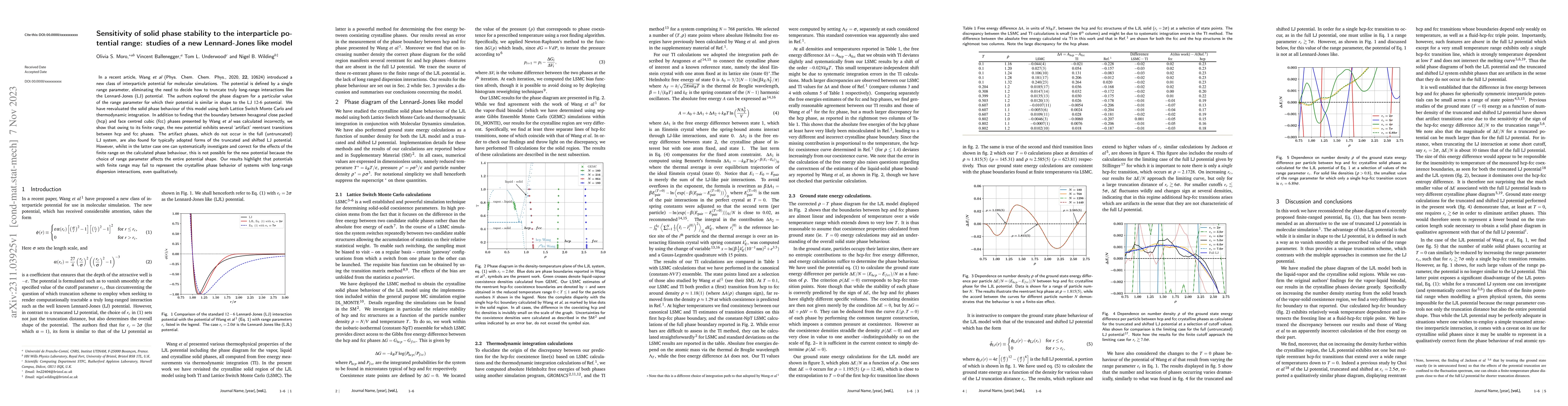 Thumbnail for Sensitivity of solid phase stability to the interparticle potential
  range: studies of a new Lennard-Jones like model
