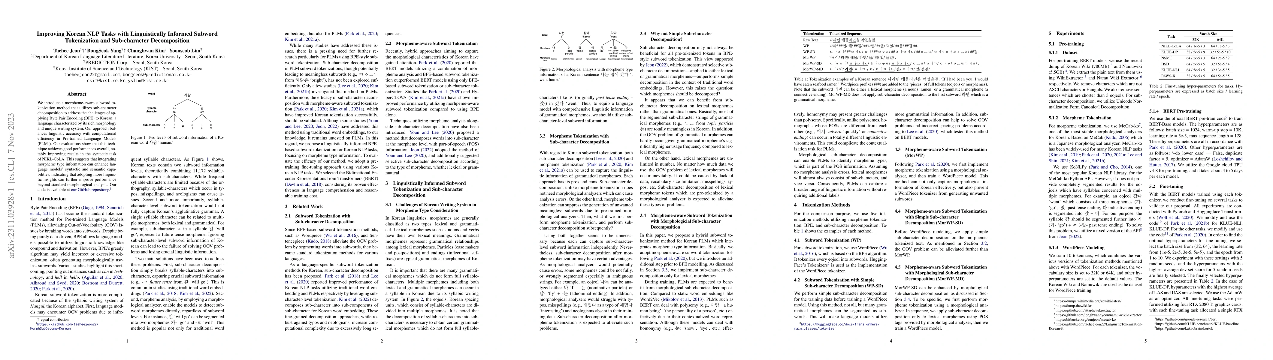 Thumbnail for Improving Korean NLP Tasks with Linguistically Informed Subword
  Tokenization and Sub-character Decomposition