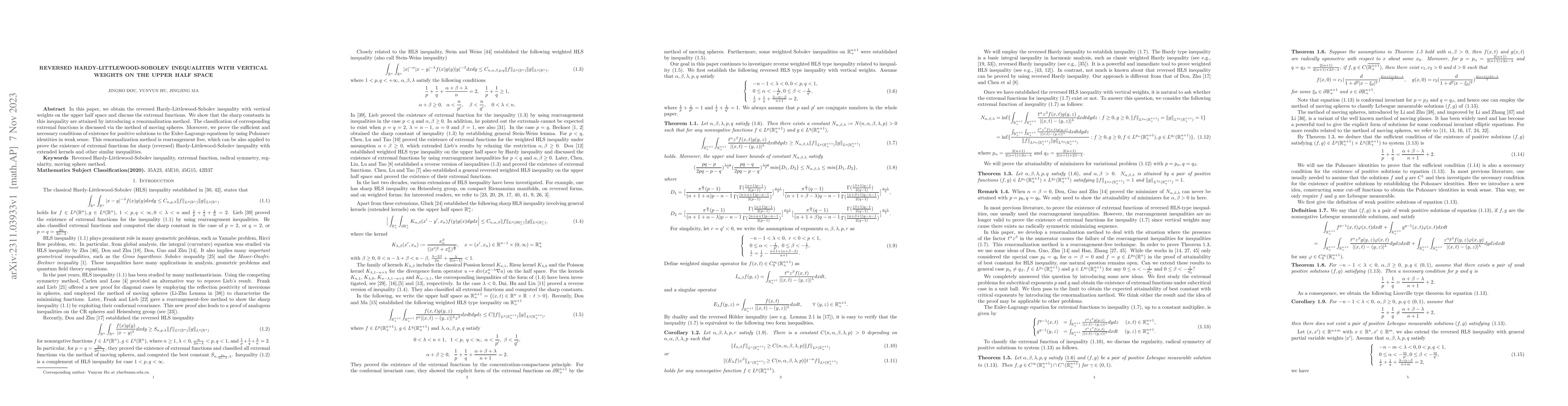 Thumbnail for Reversed Hardy-Littlewood-Sobolev inequalities with vertical weights on
  the upper half space