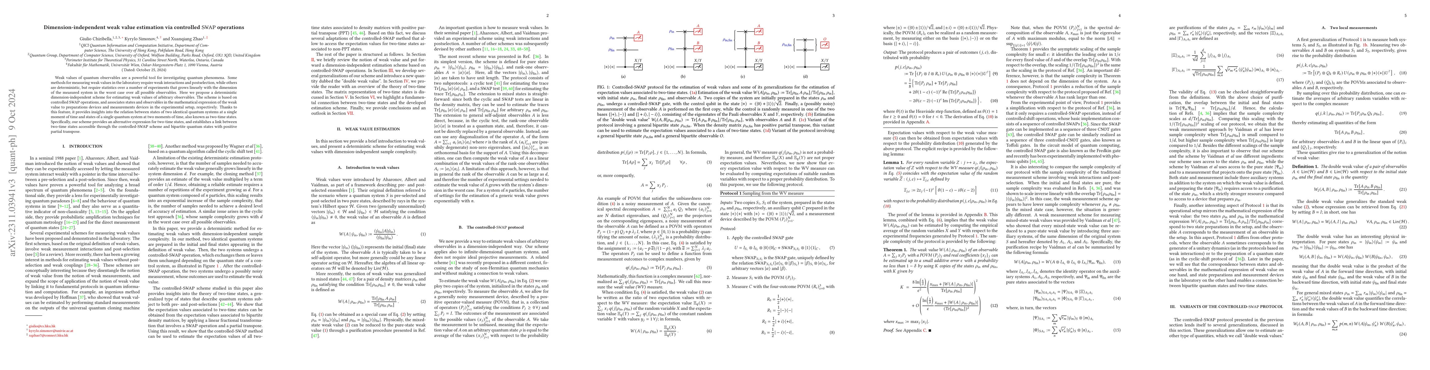 Thumbnail for Dimension-independent weak value estimation via controlled SWAP
  operations