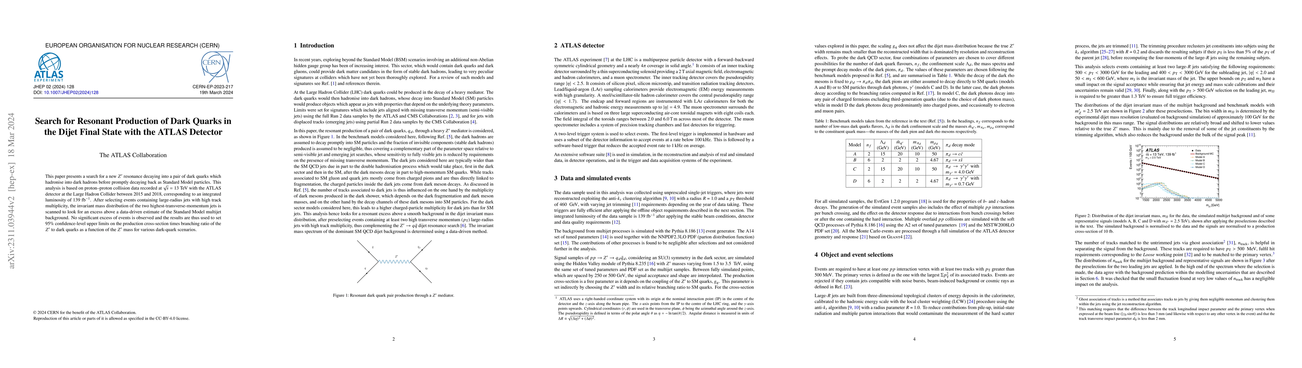 Thumbnail for Search for Resonant Production of Dark Quarks in the Dijet Final State
  with the ATLAS Detector