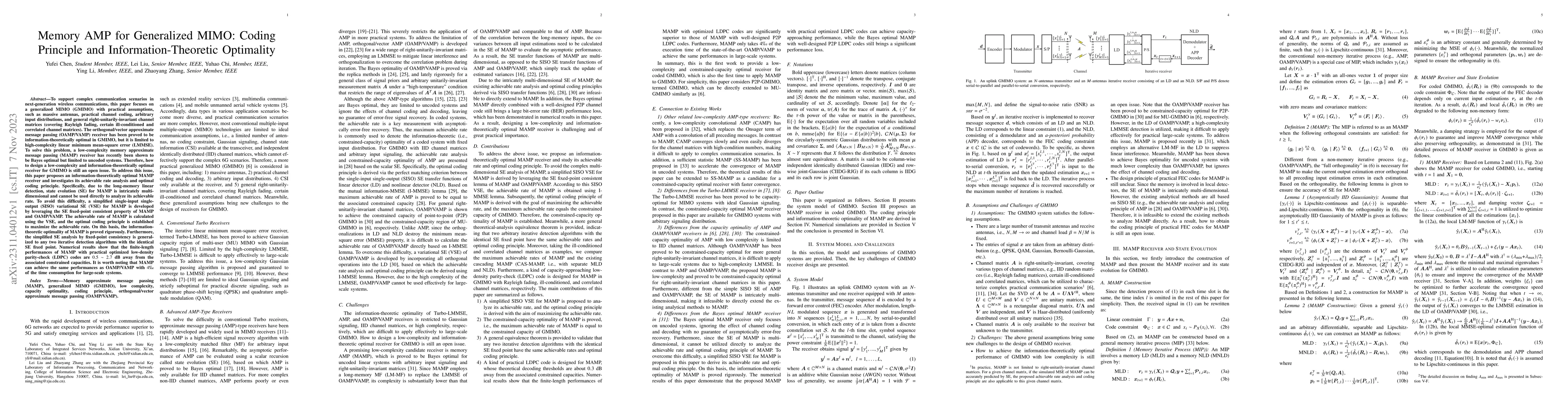 Thumbnail for Memory AMP for Generalized MIMO: Coding Principle and
  Information-Theoretic Optimality
