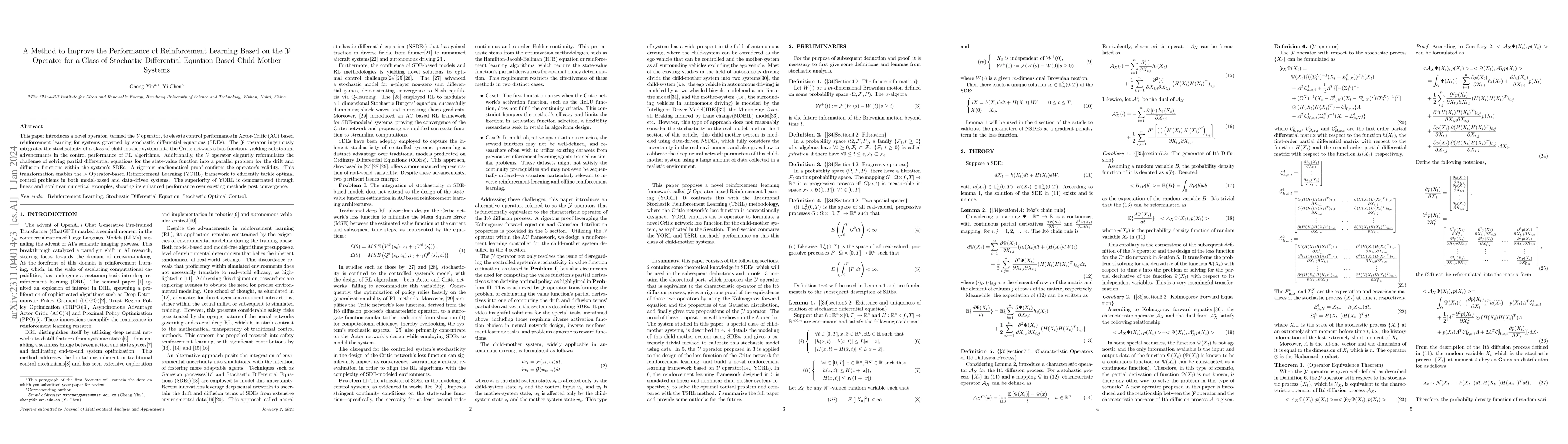 Thumbnail for A Method to Improve the Performance of Reinforcement Learning Based on
  the Y Operator for a Class of Stochastic Differential Equation-Based
  Child-Mother Systems