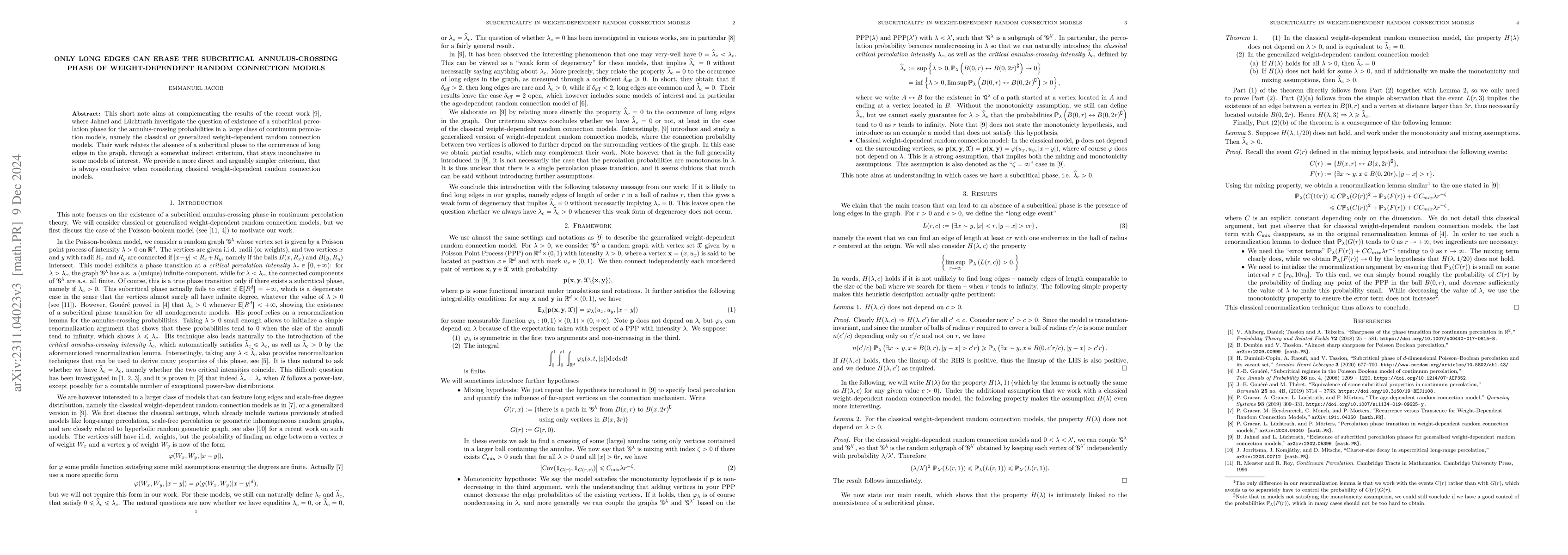 Thumbnail for Only long edges can erase the subcritical annulus-crossing phase of
  weight-dependent random connection models