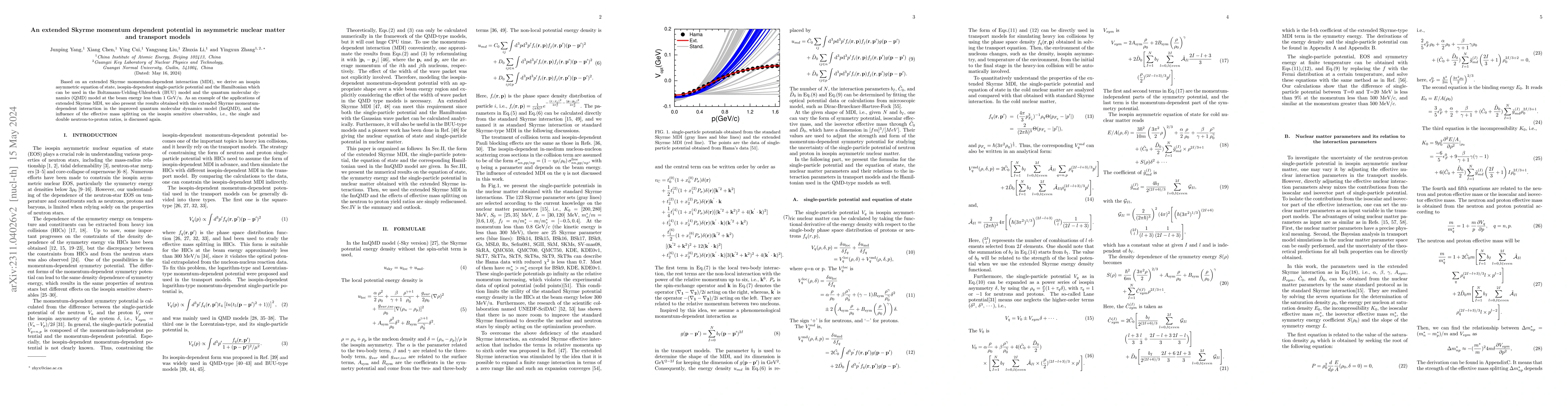 Thumbnail for An extended Skyrme momentum dependent potential in asymmetric nuclear
  matter and transport models