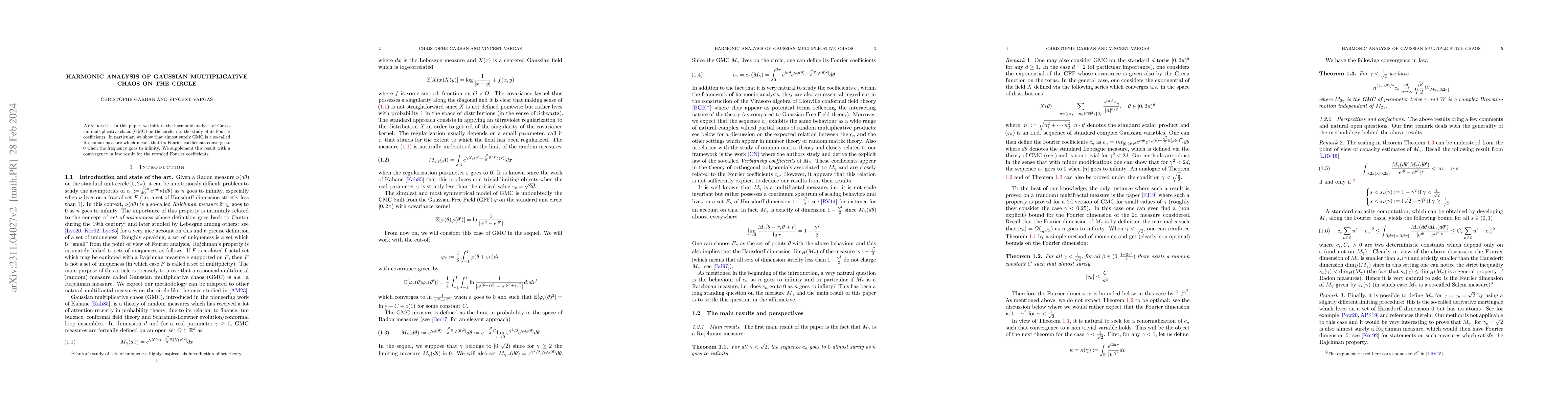 Thumbnail for Harmonic analysis of Gaussian multiplicative chaos on the circle
