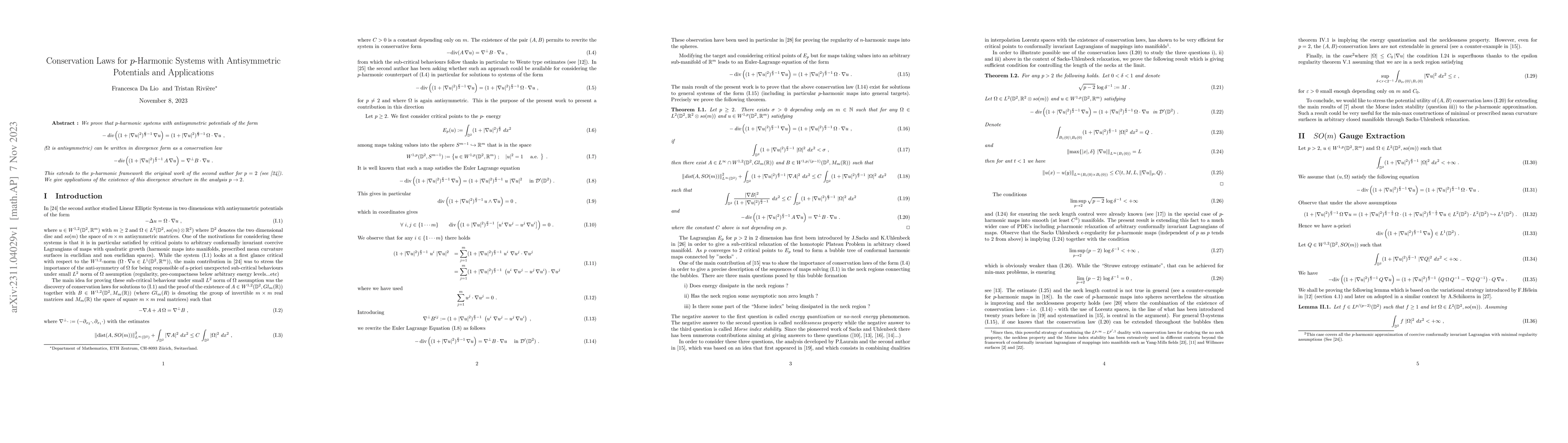 Thumbnail for Conservation Laws for $p$-Harmonic Systems with Antisymmetric Potentials
  and Applications