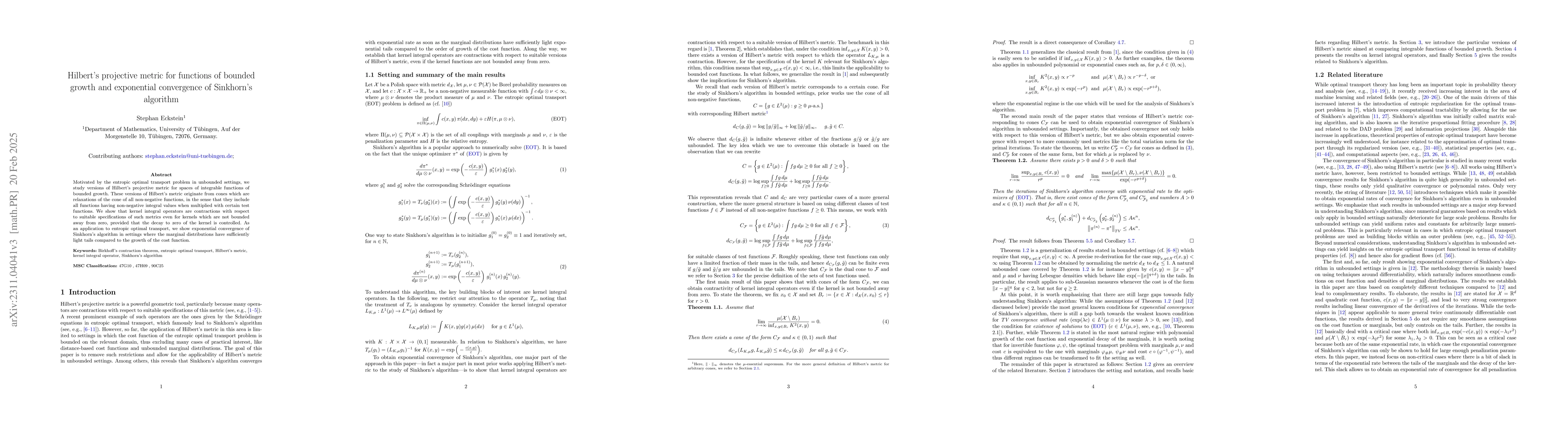 Thumbnail for Hilbert's projective metric for functions of bounded growth and
  exponential convergence of Sinkhorn's algorithm