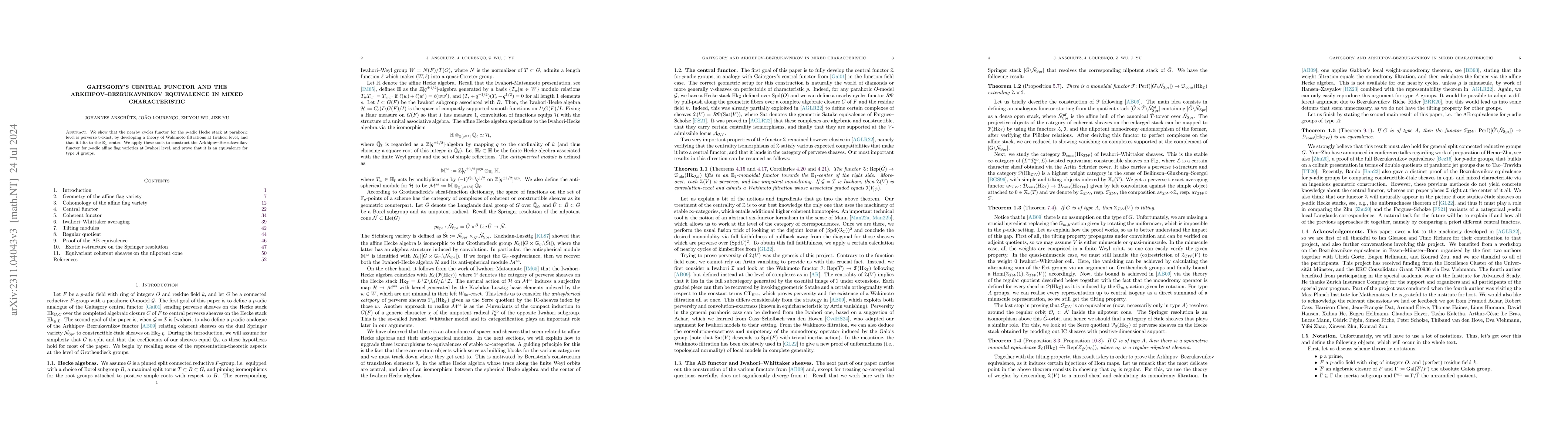 Thumbnail for Gaitsgory's central functor and the Arkhipov-Bezrukavnikov equivalence
  in mixed characteristic
