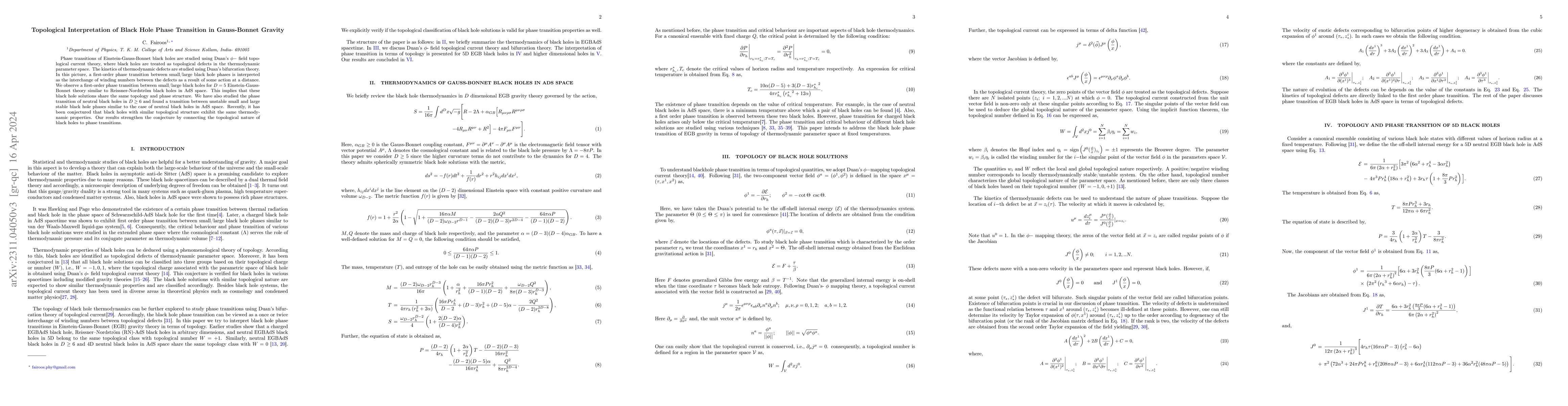 Thumbnail for Topological Interpretation of Black Hole Phase Transition in
  Gauss-Bonnet Gravity