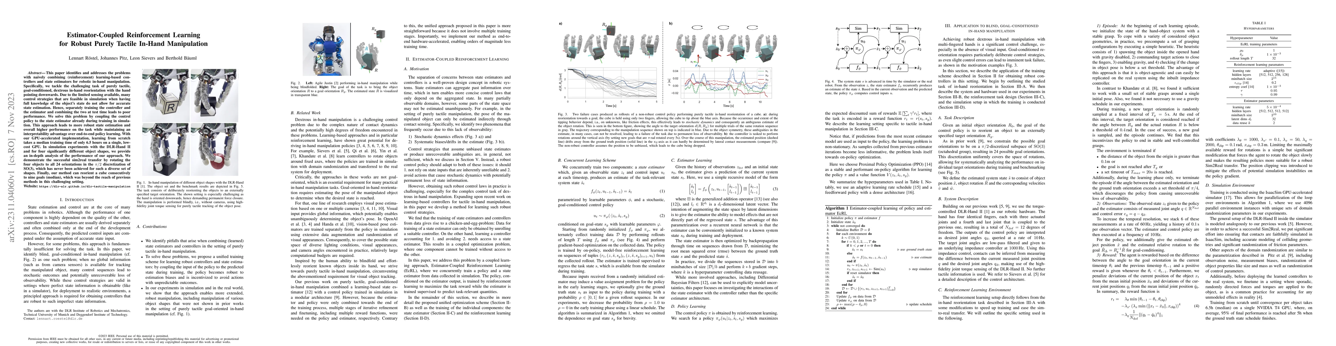 Thumbnail for Estimator-Coupled Reinforcement Learning for Robust Purely Tactile
  In-Hand Manipulation