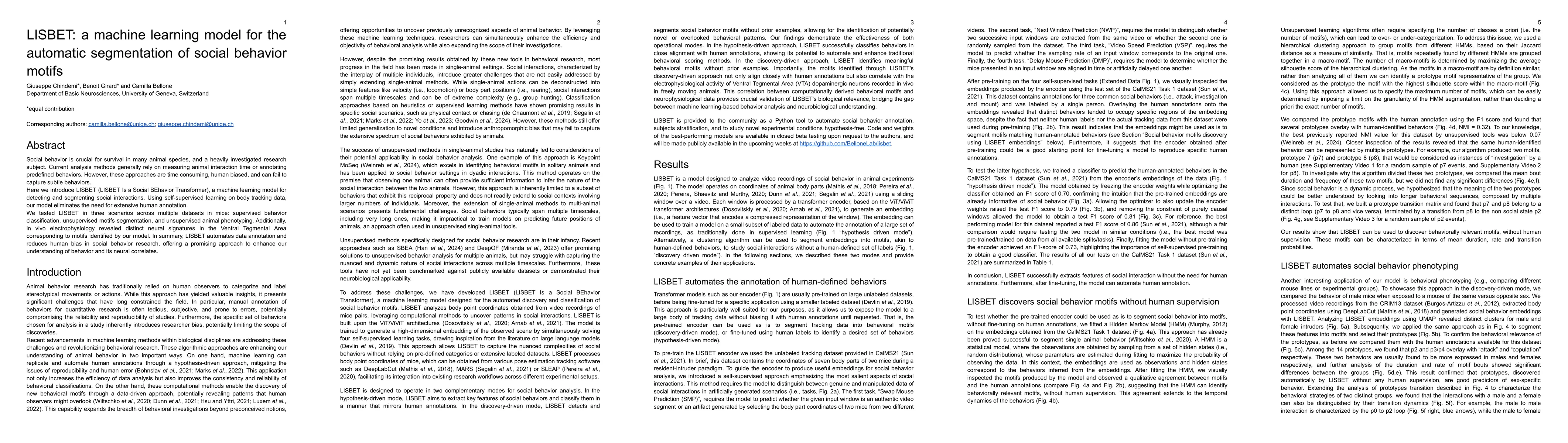 Thumbnail for LISBET: a self-supervised Transformer model for the automatic
  segmentation of social behavior motifs