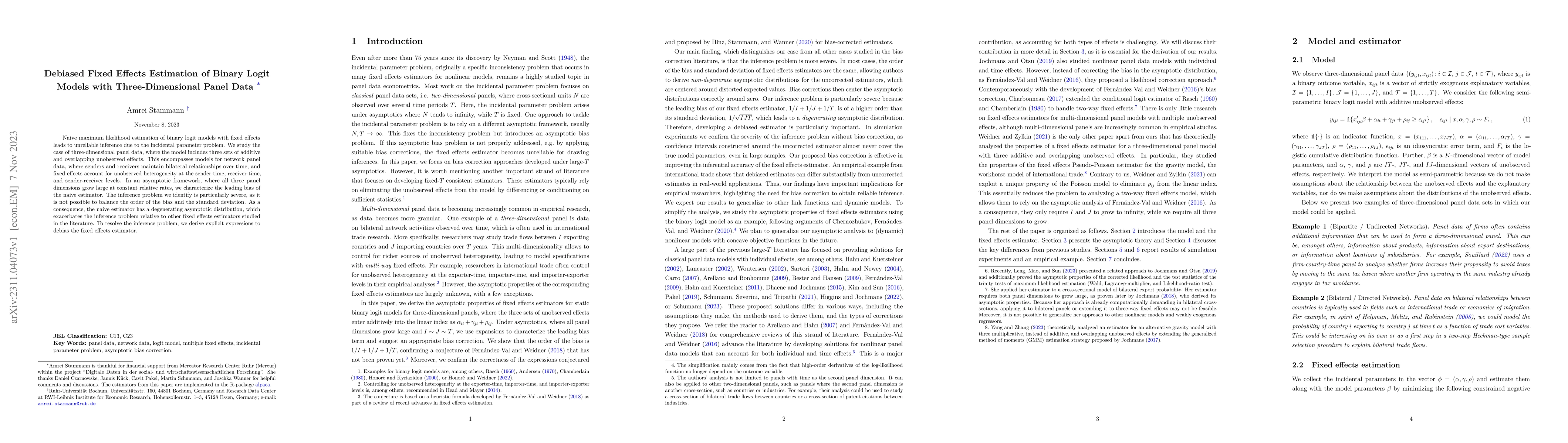 Thumbnail for Debiased Fixed Effects Estimation of Binary Logit Models with
  Three-Dimensional Panel Data