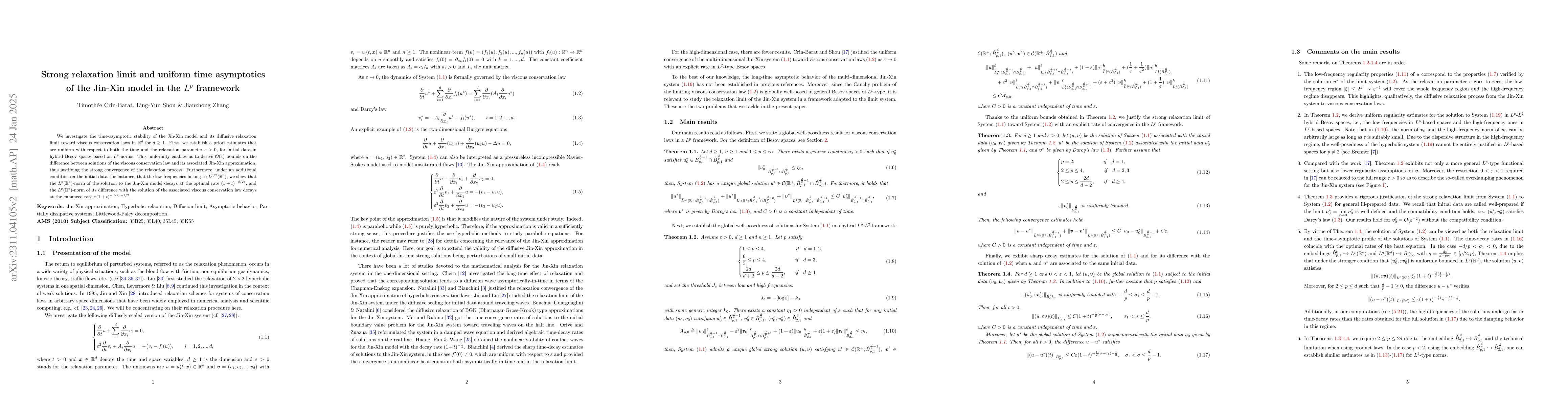 Thumbnail for Strong relaxation limit and uniform time asymptotics of the Jin-Xin
  model in the $L^{p}$ framework