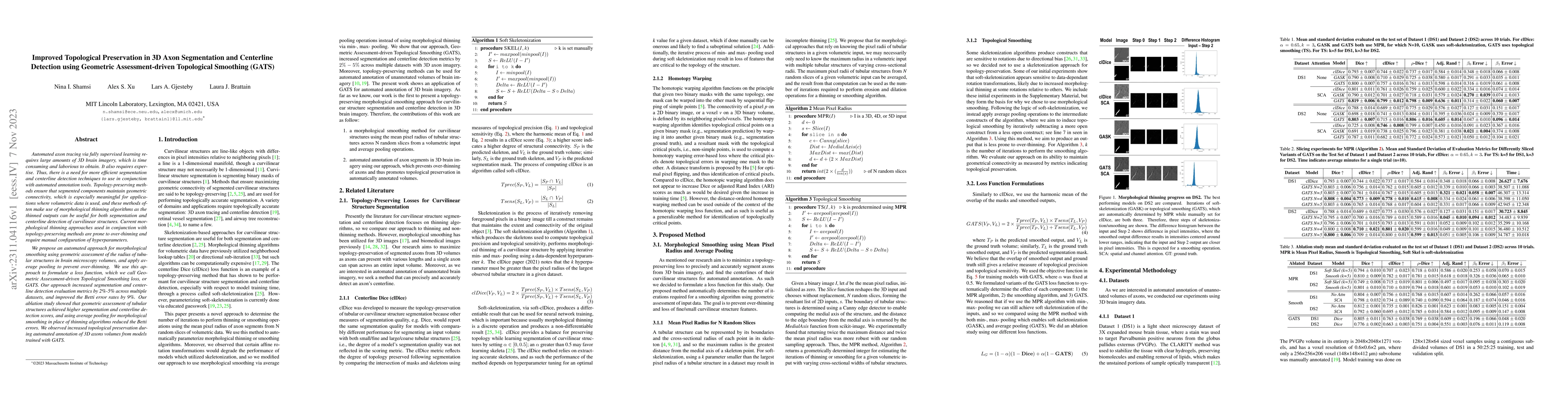 Thumbnail for Improved Topological Preservation in 3D Axon Segmentation and Centerline
  Detection using Geometric Assessment-driven Topological Smoothing (GATS)
