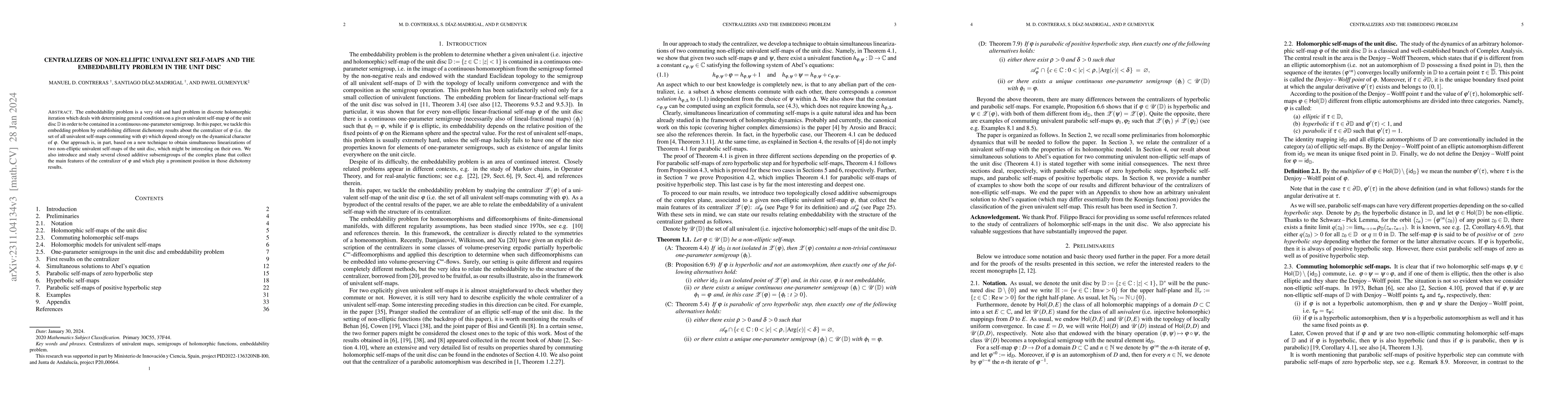 Thumbnail for Centralizers of non-elliptic univalent self-maps and the embeddability
  problem in the unit disc