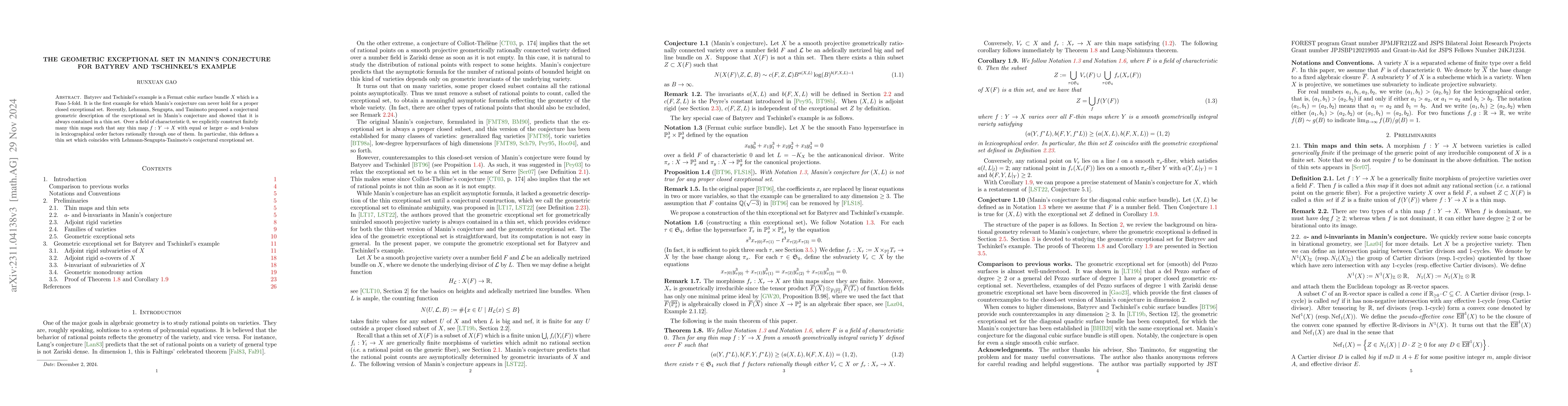 Thumbnail for The geometric exceptional set in Manin's conjecture for Batyrev and
  Tschinkel's example