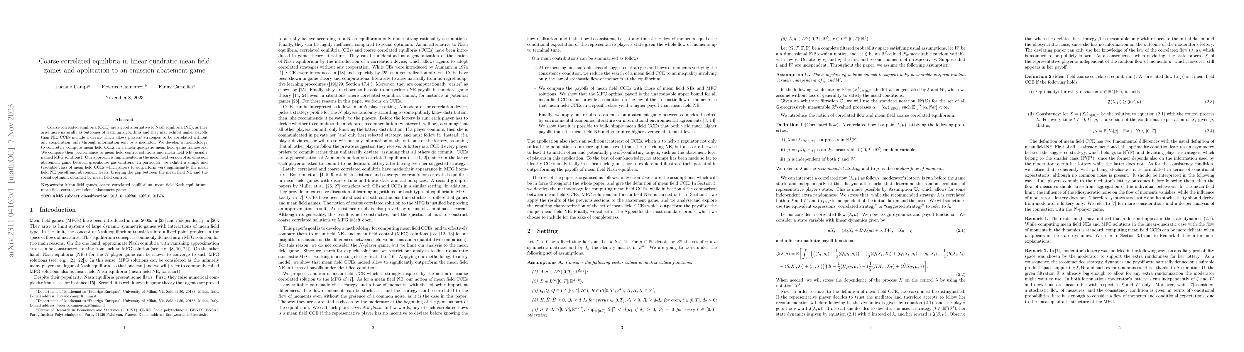 Thumbnail for Coarse correlated equilibria in linear quadratic mean field games and
  application to an emission abatement game
