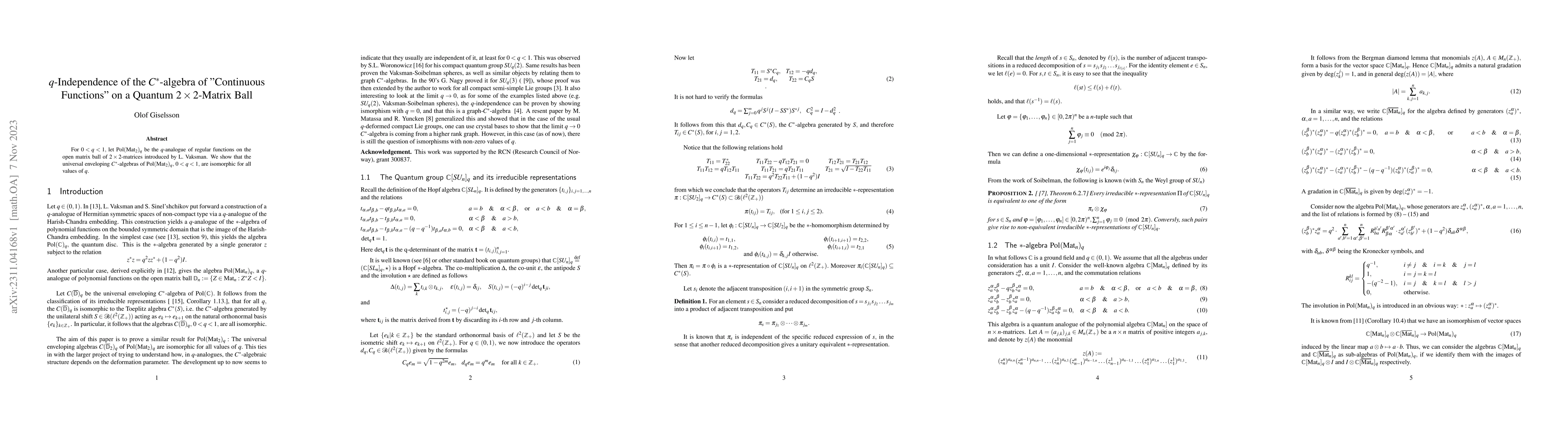 Thumbnail for $q$-Independence of the $C^{*}$-algebra of "Continuous Functions" on a
  Quantum $2\times 2$-Matrix Ball