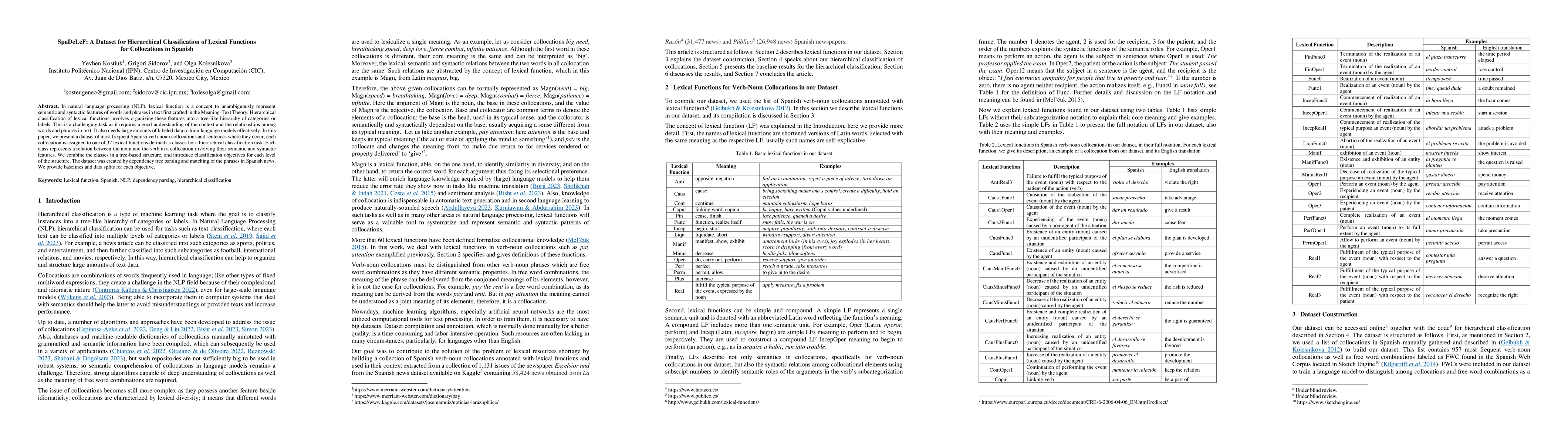 Thumbnail for SpaDeLeF: A Dataset for Hierarchical Classification of Lexical Functions
  for Collocations in Spanish