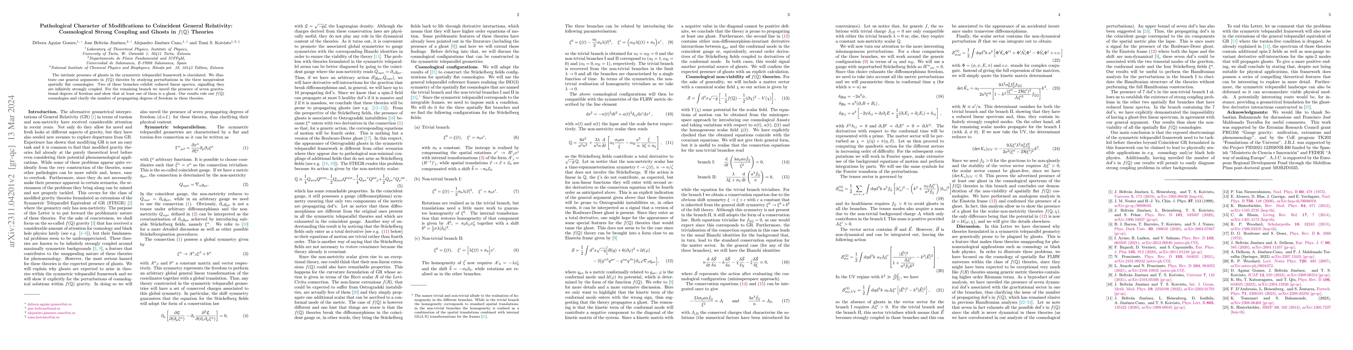 Thumbnail for Pathological Character of Modifications to Coincident General
  Relativity: Cosmological Strong Coupling and Ghosts in $f(\Q)$ Theories