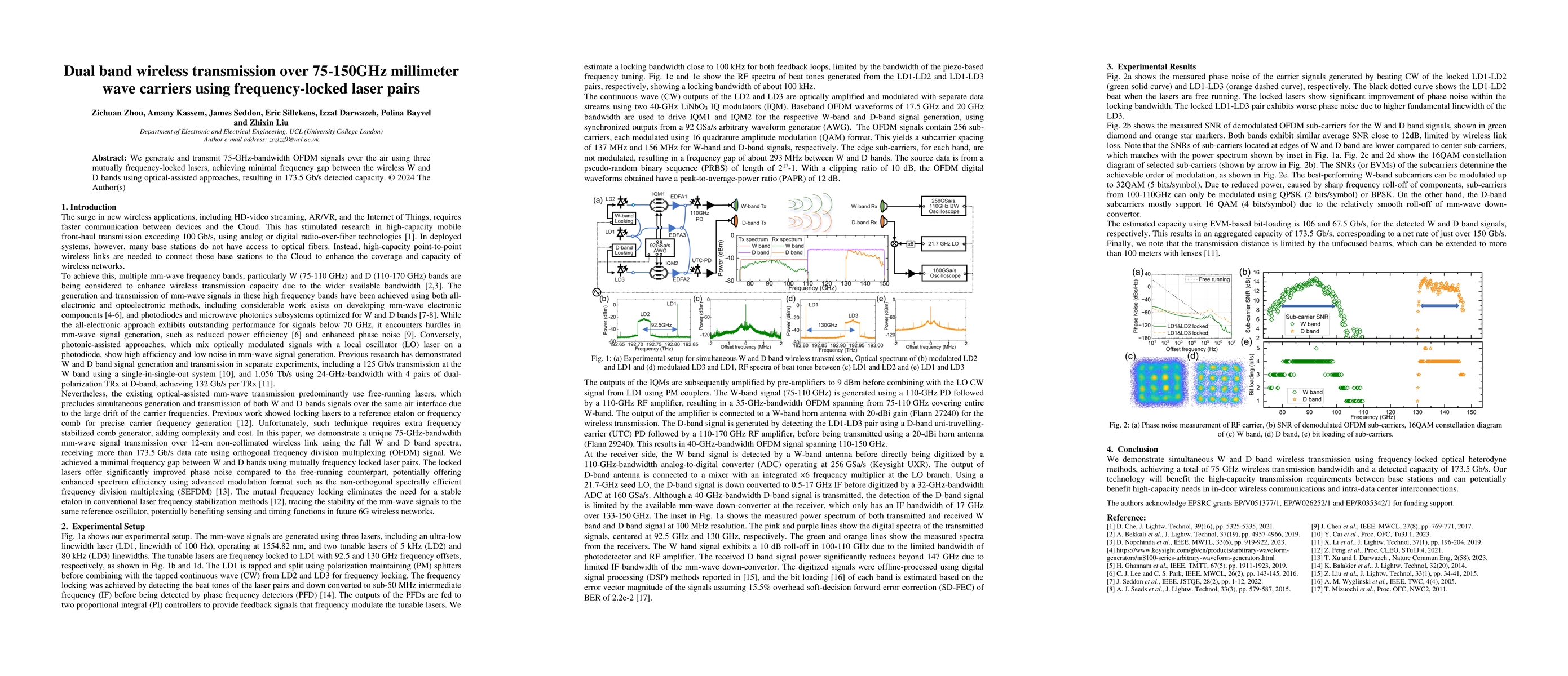 Thumbnail for Dual band wireless transmission over 75-150GHz millimeter wave carriers
  using frequency-locked laser pairs