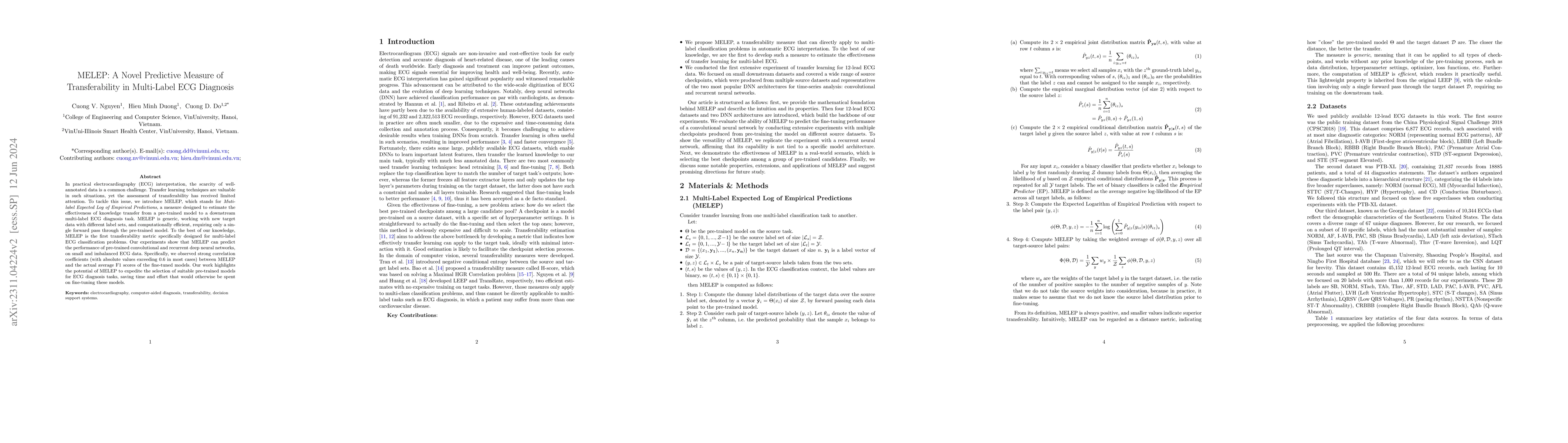Thumbnail for MELEP: A Novel Predictive Measure of Transferability in Multi-Label ECG
  Diagnosis