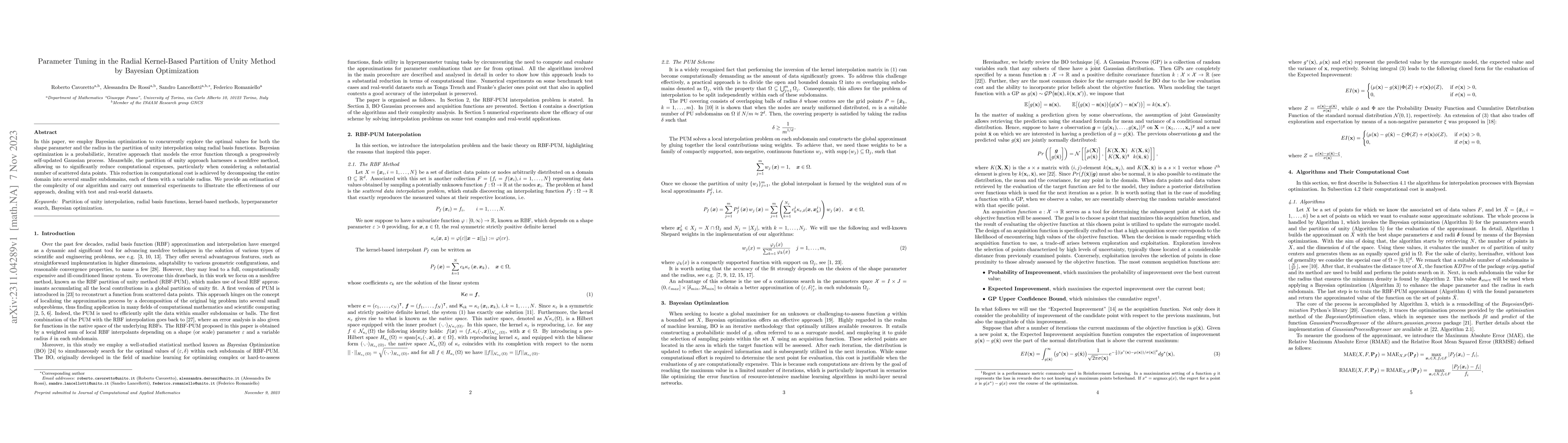 Thumbnail for Parameter Tuning in the Radial Kernel-Based Partition of Unity Method by
  Bayesian Optimization