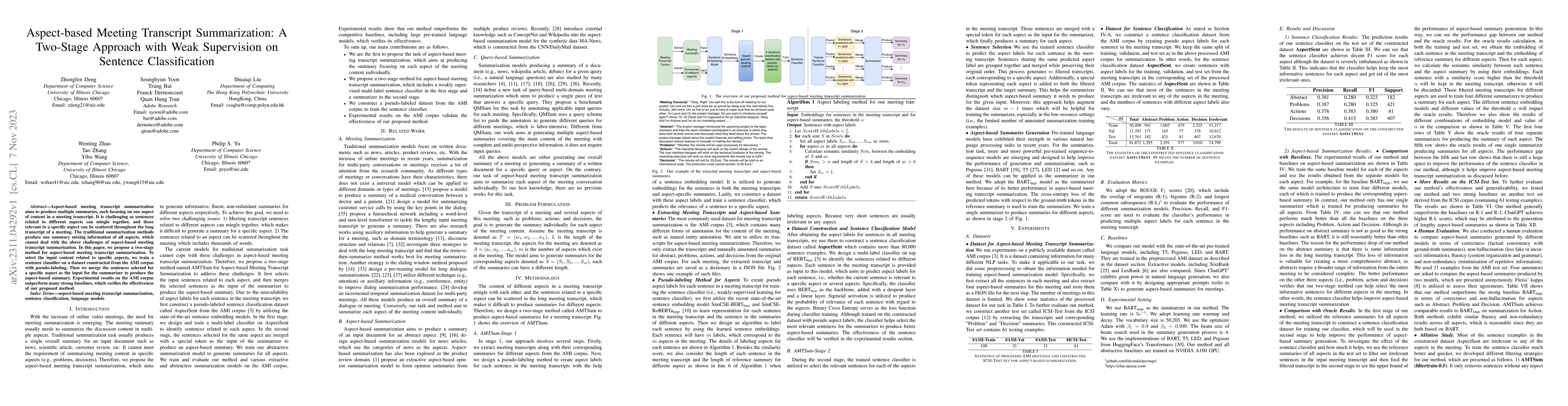 Thumbnail for Aspect-based Meeting Transcript Summarization: A Two-Stage Approach with
  Weak Supervision on Sentence Classification